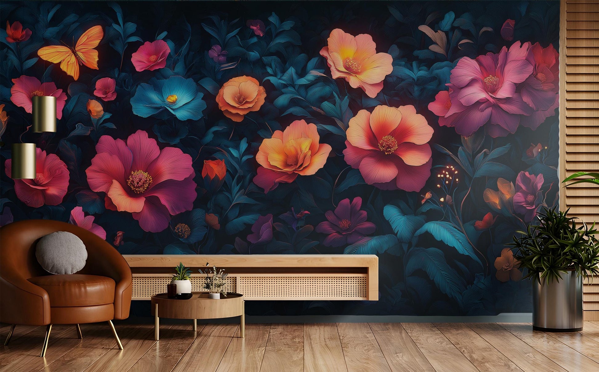 Midnight Floral Fantasy Psychedelic Floral Wallpaper – lifestyle view, Golden Era Walls