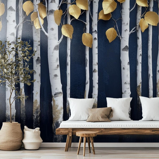 Minimalist Birch Forest Captures Wallpaper – lifestyle view, Golden Era Walls