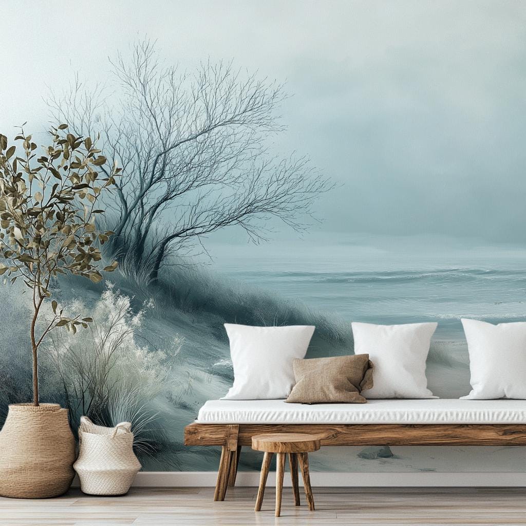 Minimalist Seaside Renter Friendly Coastal Wallpaper – room setting, Golden Era Walls