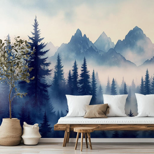 Misty Forest Renter Friendly Wallpaper – room setting, Golden Era Walls