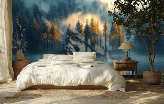 Mystical Enchanted Forest Art Wallpaper – room setting, Golden Era Walls