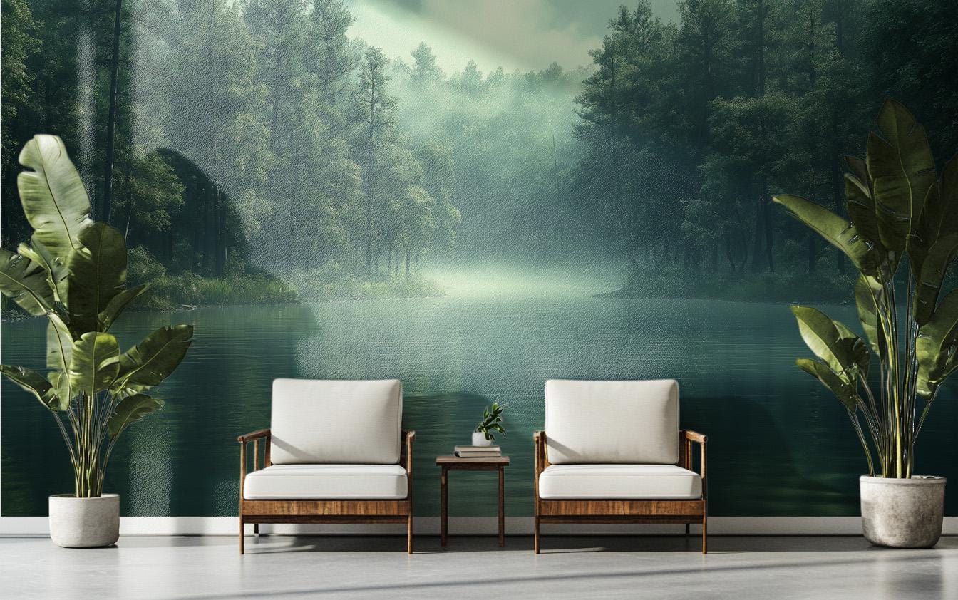 Misty Pine Forest Tranquil Wallpaper – lifestyle view, Golden Era Walls