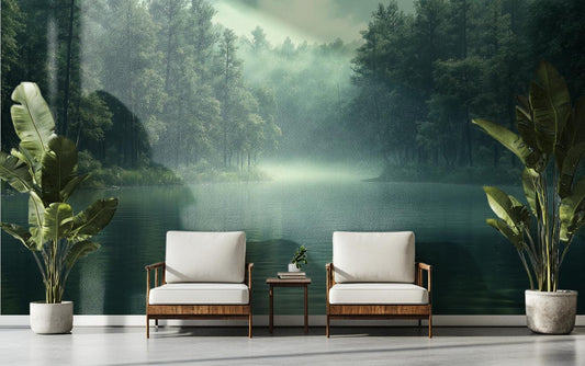 Misty Pine Forest Tranquil Wallpaper – lifestyle view, Golden Era Walls
