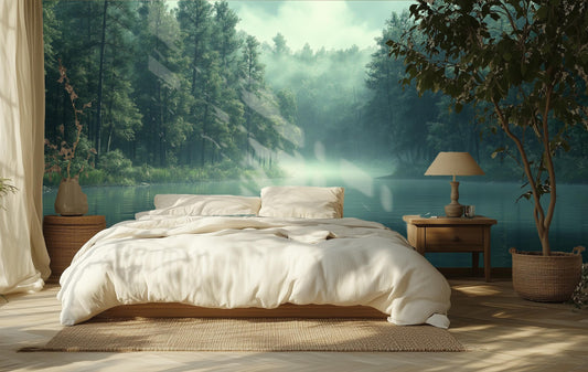 Misty Pine Forest Tranquil Wallpaper – detail view, Golden Era Walls