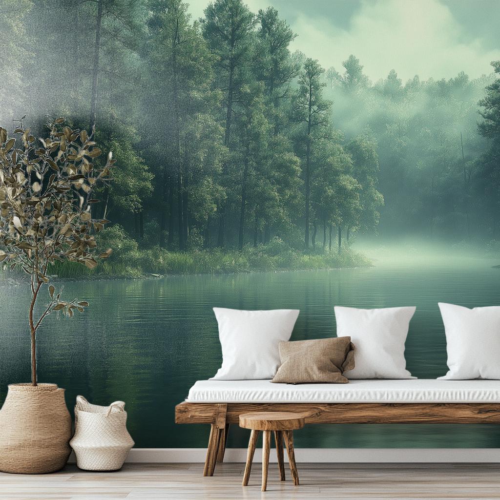 Misty Pine Forest Tranquil Wallpaper – room setting, Golden Era Walls