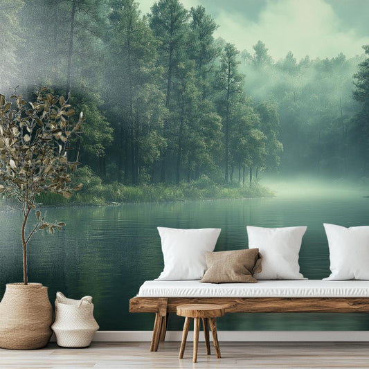 Misty Pine Forest Tranquil Wallpaper – room setting, Golden Era Walls