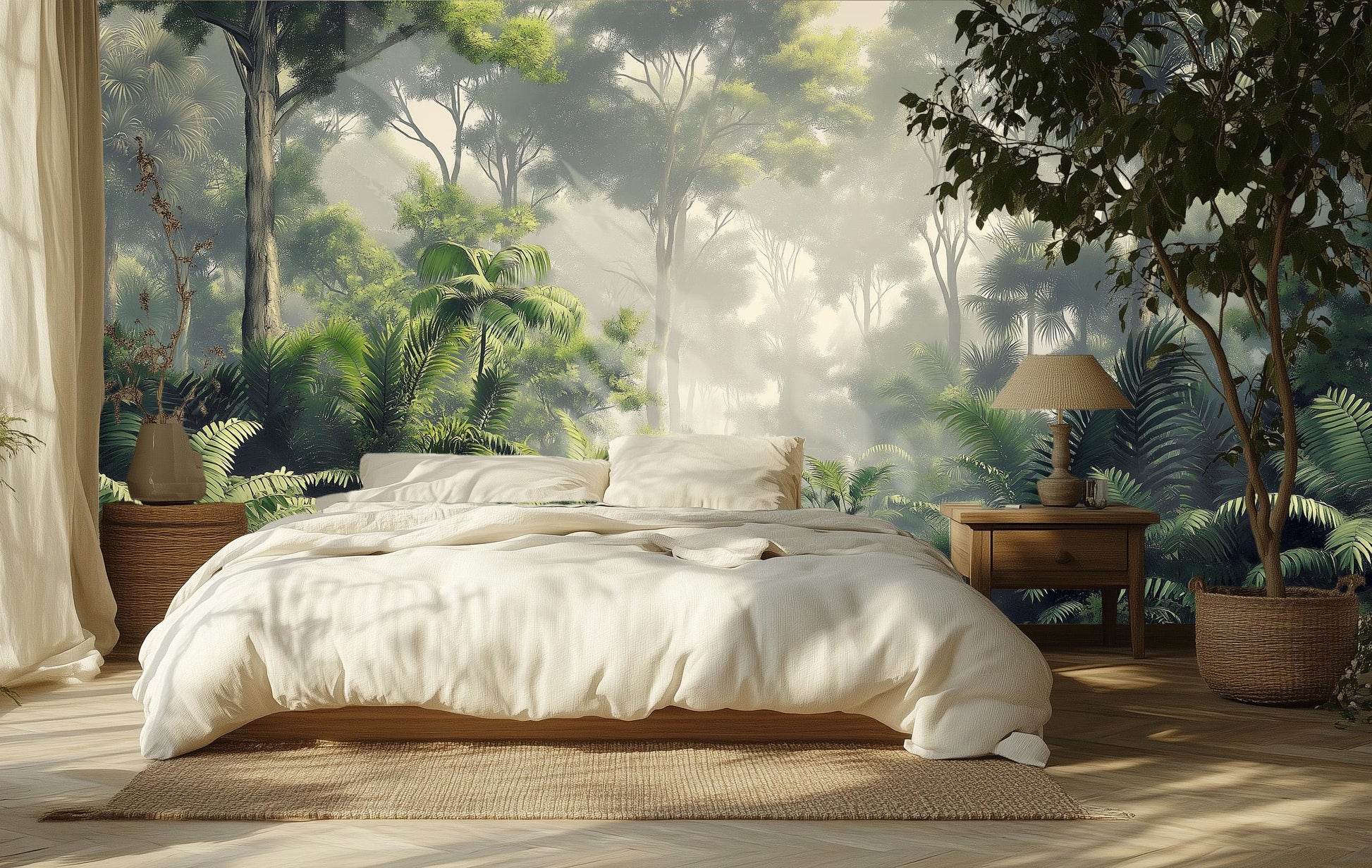 Misty Tropical Rainforest Green Floral Wallpaper – detail view, Golden Era Walls