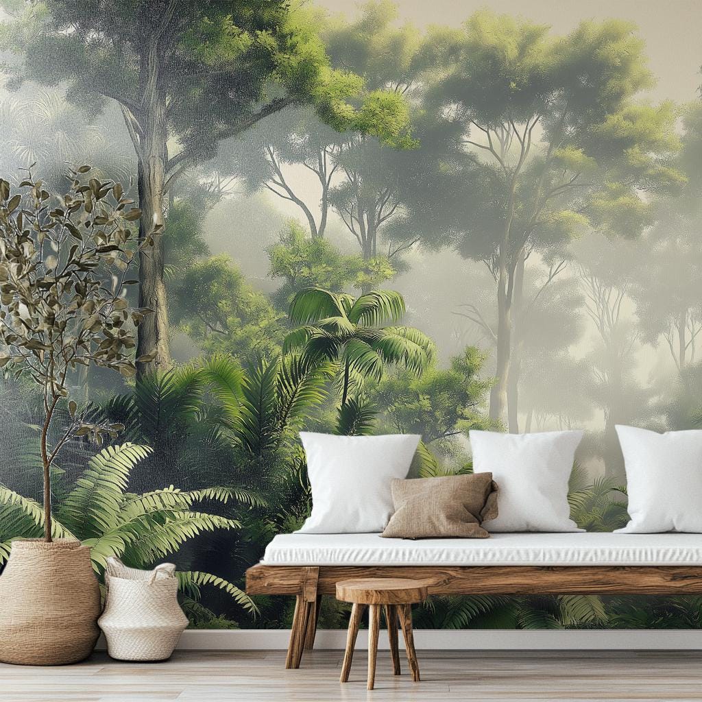 Misty Tropical Rainforest Green Floral Wallpaper – scale reference, Golden Era Walls