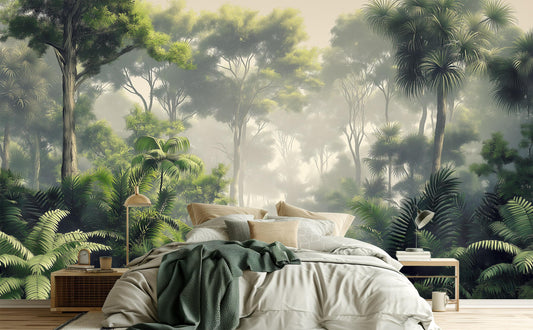 Misty Tropical Rainforest Green Floral Wallpaper – peel and stick wallpaper mural, Golden Era Walls