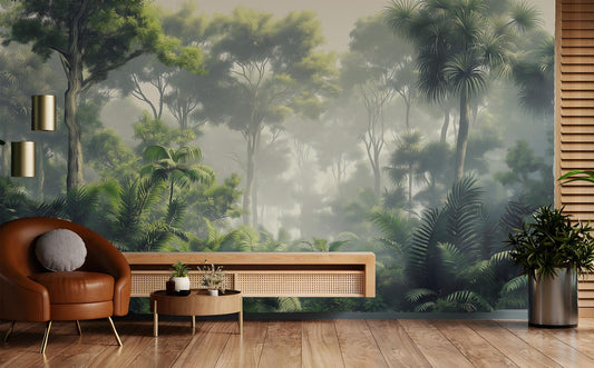 Misty Tropical Rainforest Green Floral Wallpaper – lifestyle view, Golden Era Walls