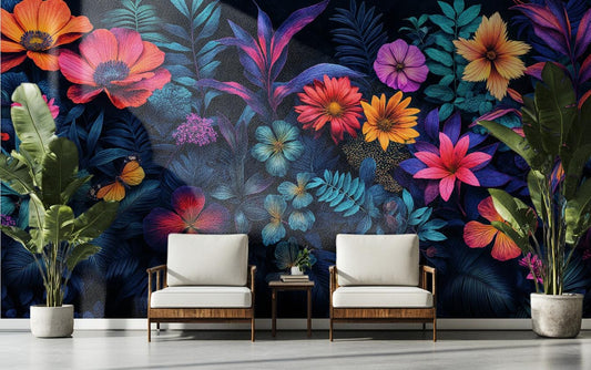 Moody Botanical Neon Glow Floral Wallpaper – detail view, Golden Era Walls