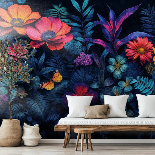 Moody Botanical Neon Glow Floral Wallpaper – room setting, Golden Era Walls