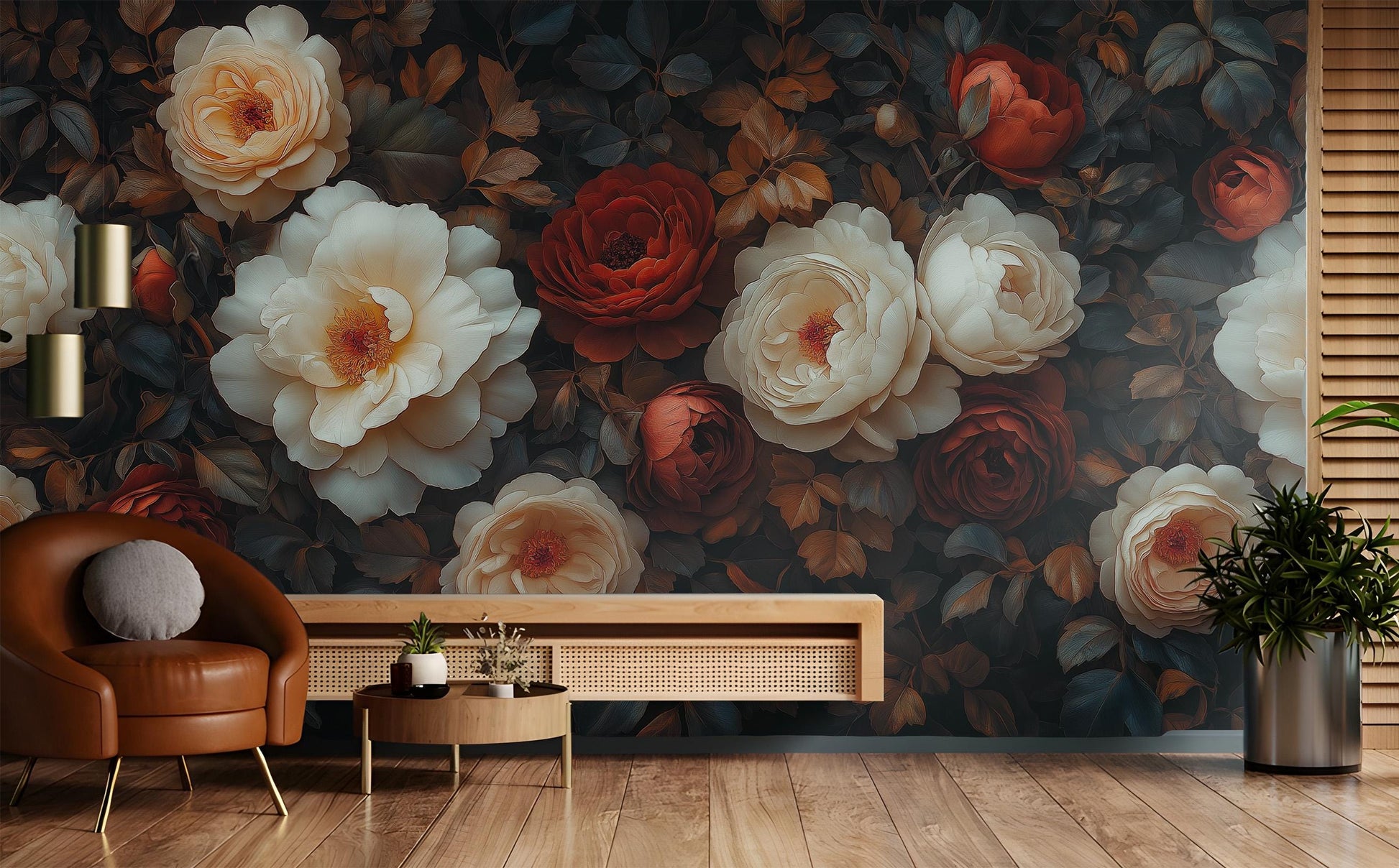 Moody Botanical Elegant Cream Floral Wallpaper – scale reference, Golden Era Walls