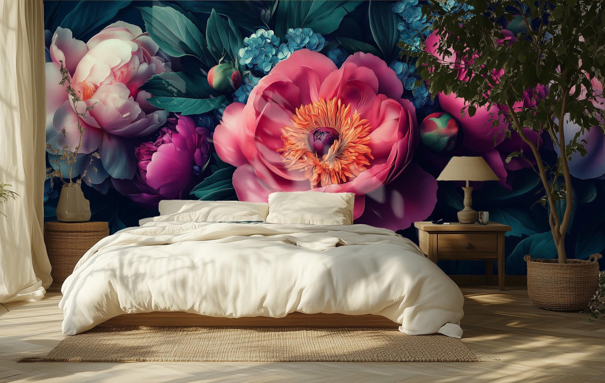 Moody Dark Floral Hyper Floral Wallpaper – scale reference, Golden Era Walls