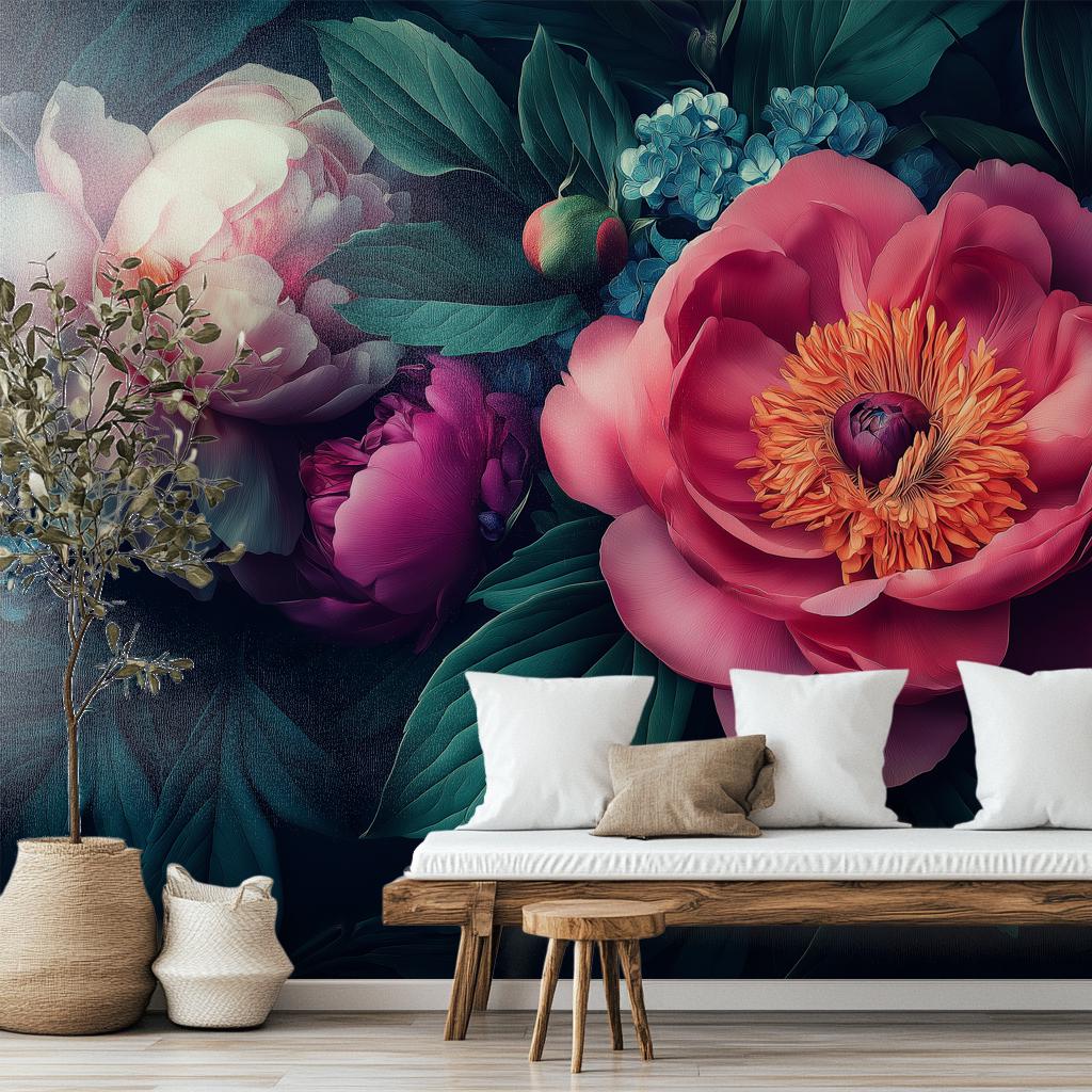 Moody Dark Floral Hyper Floral Wallpaper – detail view, Golden Era Walls
