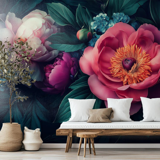 Moody Dark Floral Hyper Floral Wallpaper – detail view, Golden Era Walls