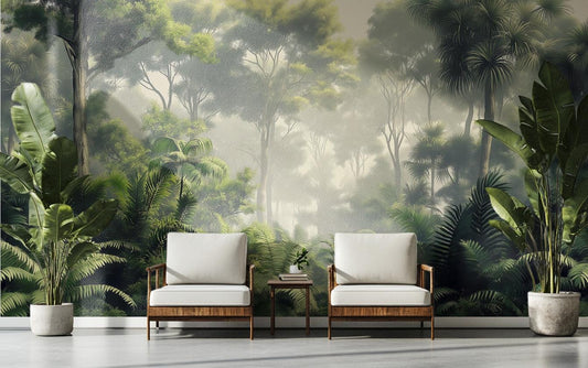 Misty Tropical Rainforest Green Floral Wallpaper – room setting, Golden Era Walls
