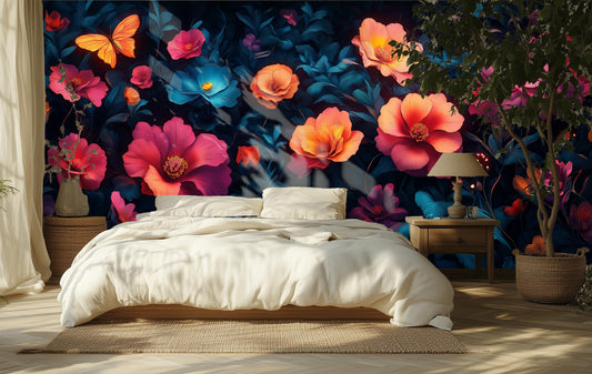 Midnight Floral Fantasy Psychedelic Floral Wallpaper – peel and stick wallpaper mural, Golden Era Walls