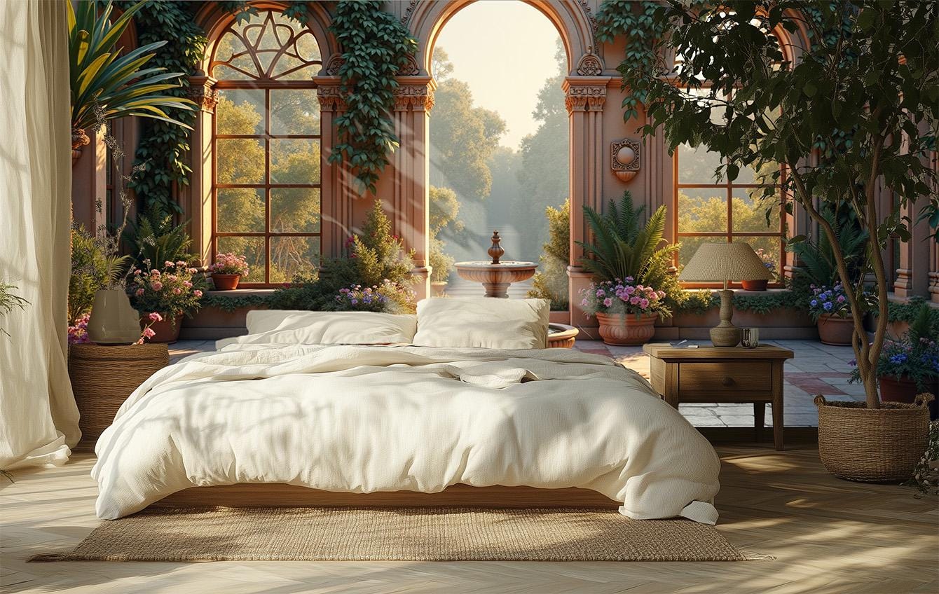 Mediterranean Courtyard Renter Friendly Floral Wallpape – scale reference, Golden Era Walls