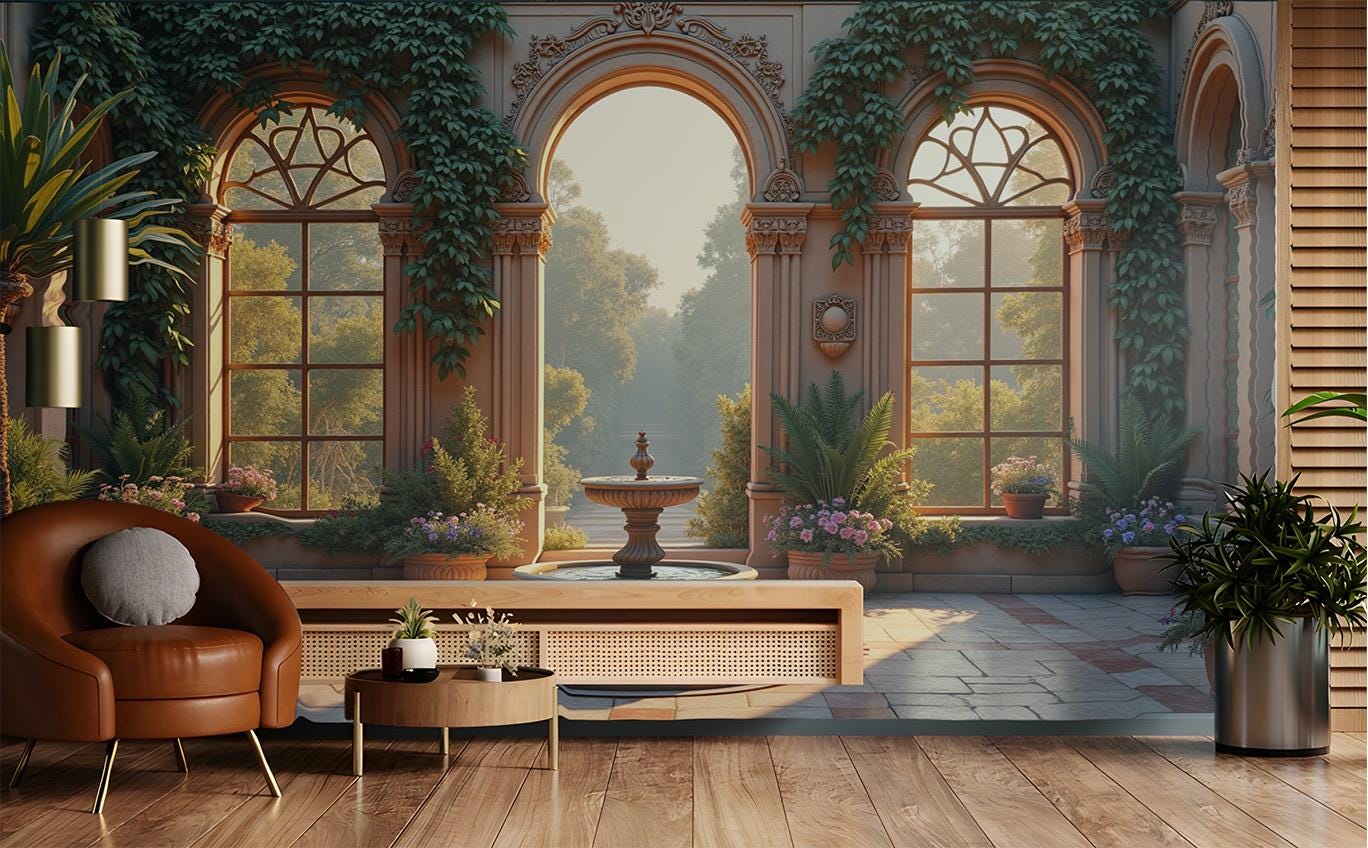 Mediterranean Courtyard Renter Friendly Floral Wallpape – room setting, Golden Era Walls