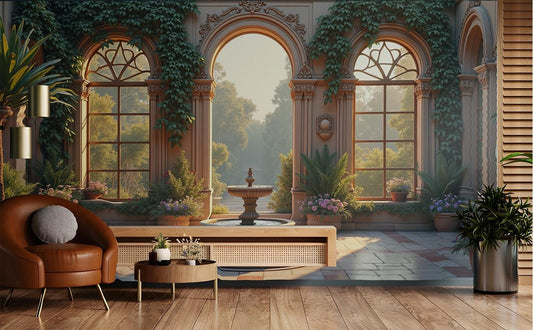 Mediterranean Courtyard Renter Friendly Floral Wallpape – room setting, Golden Era Walls