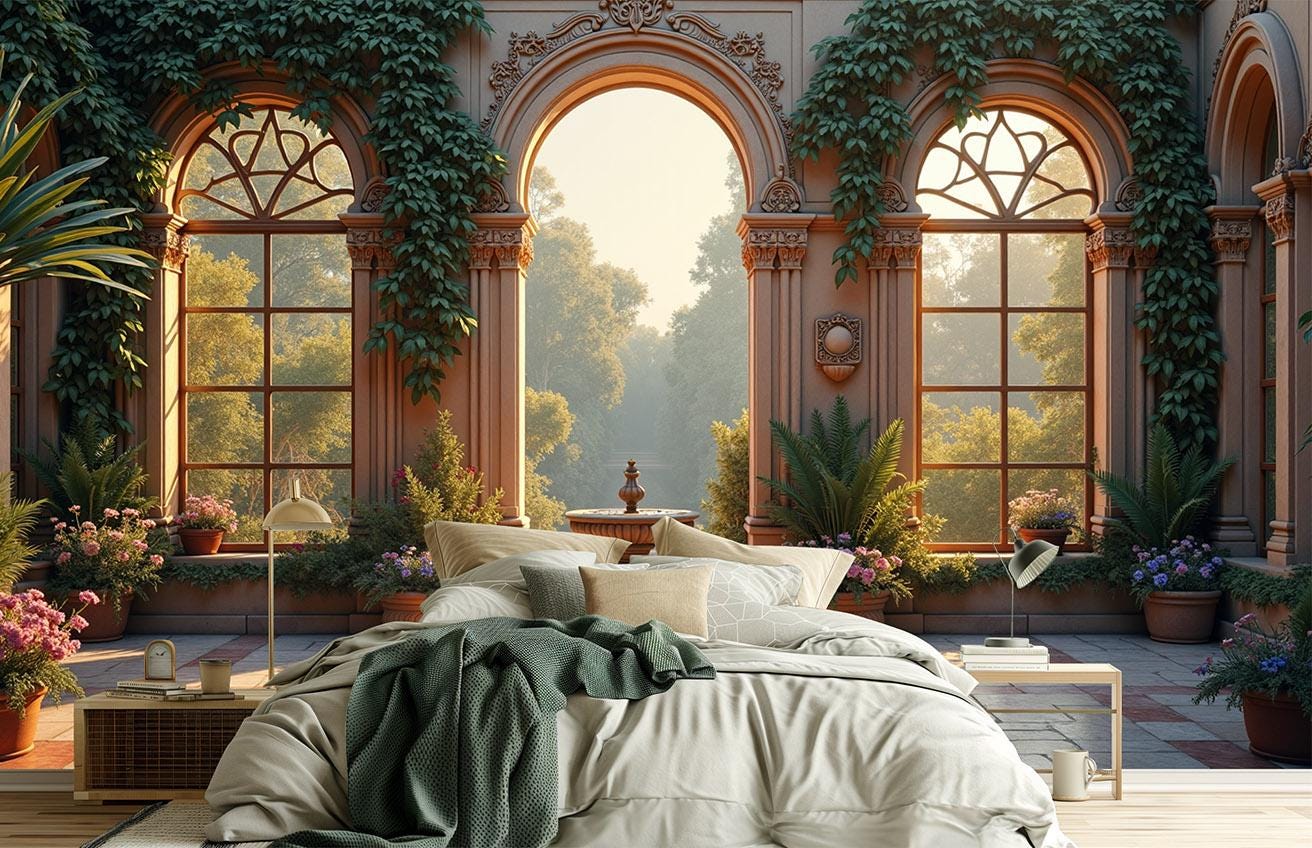 Mediterranean Courtyard Renter Friendly Floral Wallpape – detail view, Golden Era Walls