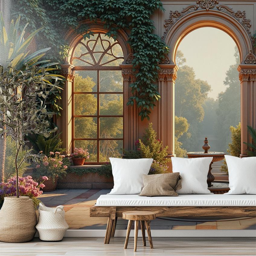 Mediterranean Courtyard Renter Friendly Floral Wallpape – lifestyle view, Golden Era Walls