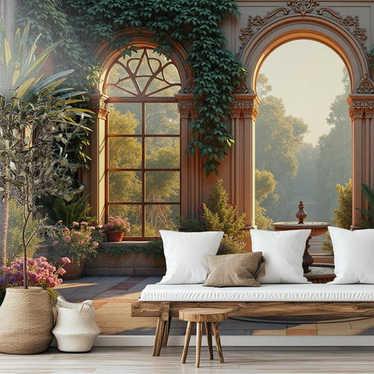 Mediterranean Courtyard Renter Friendly Floral Wallpape – lifestyle view, Golden Era Walls