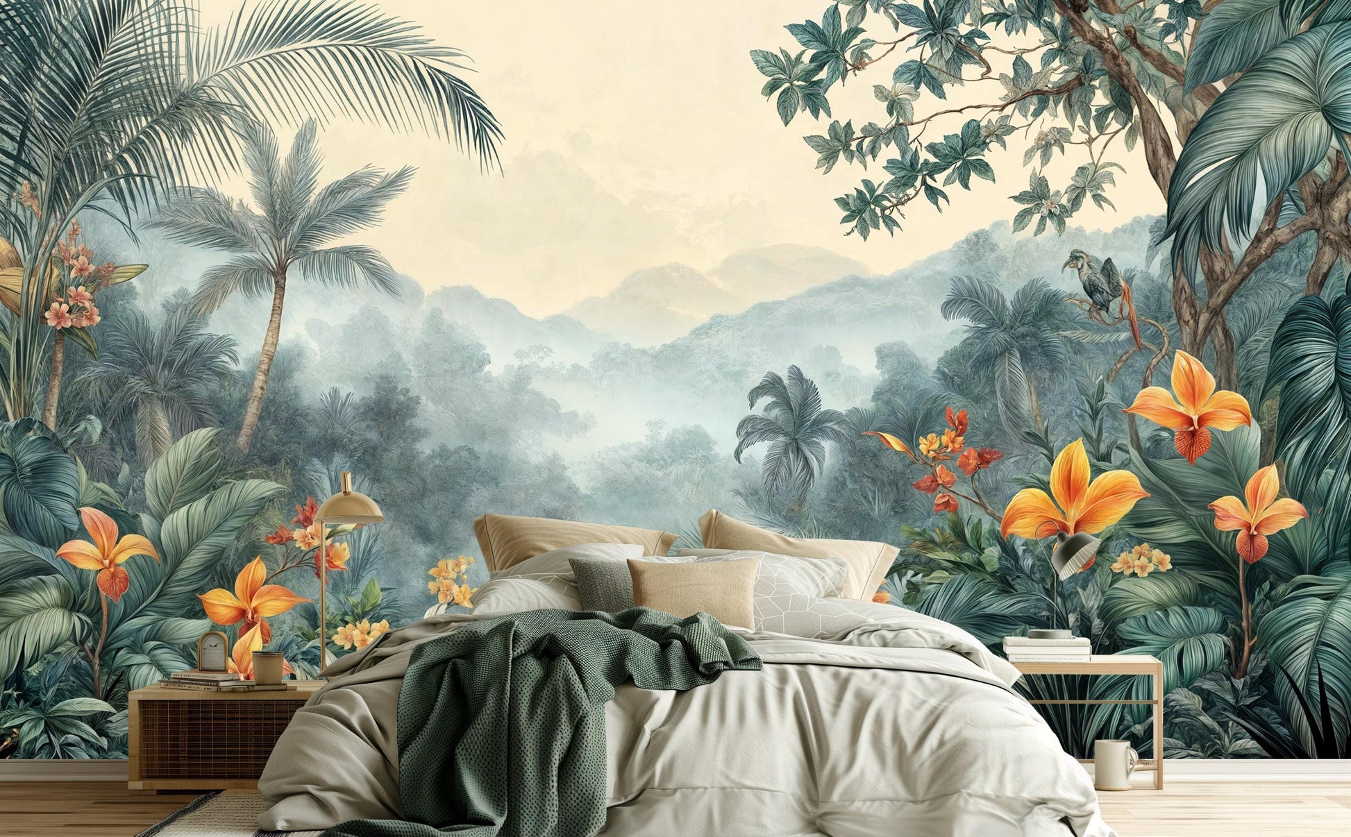 Vintage Tropical Jungle Lush Floral Wallpaper – peel and stick wallpaper mural, Golden Era Walls