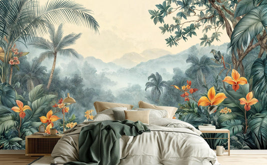 Vintage Tropical Jungle Lush Floral Wallpaper – peel and stick wallpaper mural, Golden Era Walls