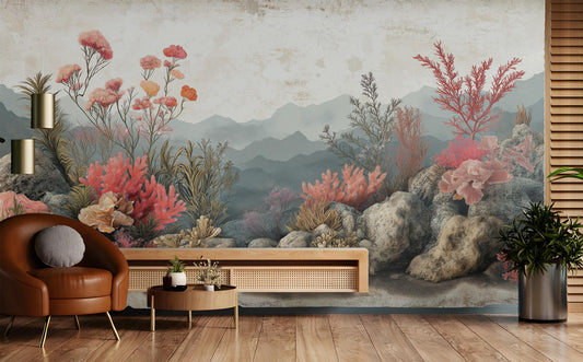 Vintage Underwater Coral Reef Floral Wallpaper – peel and stick wallpaper mural, Golden Era Walls