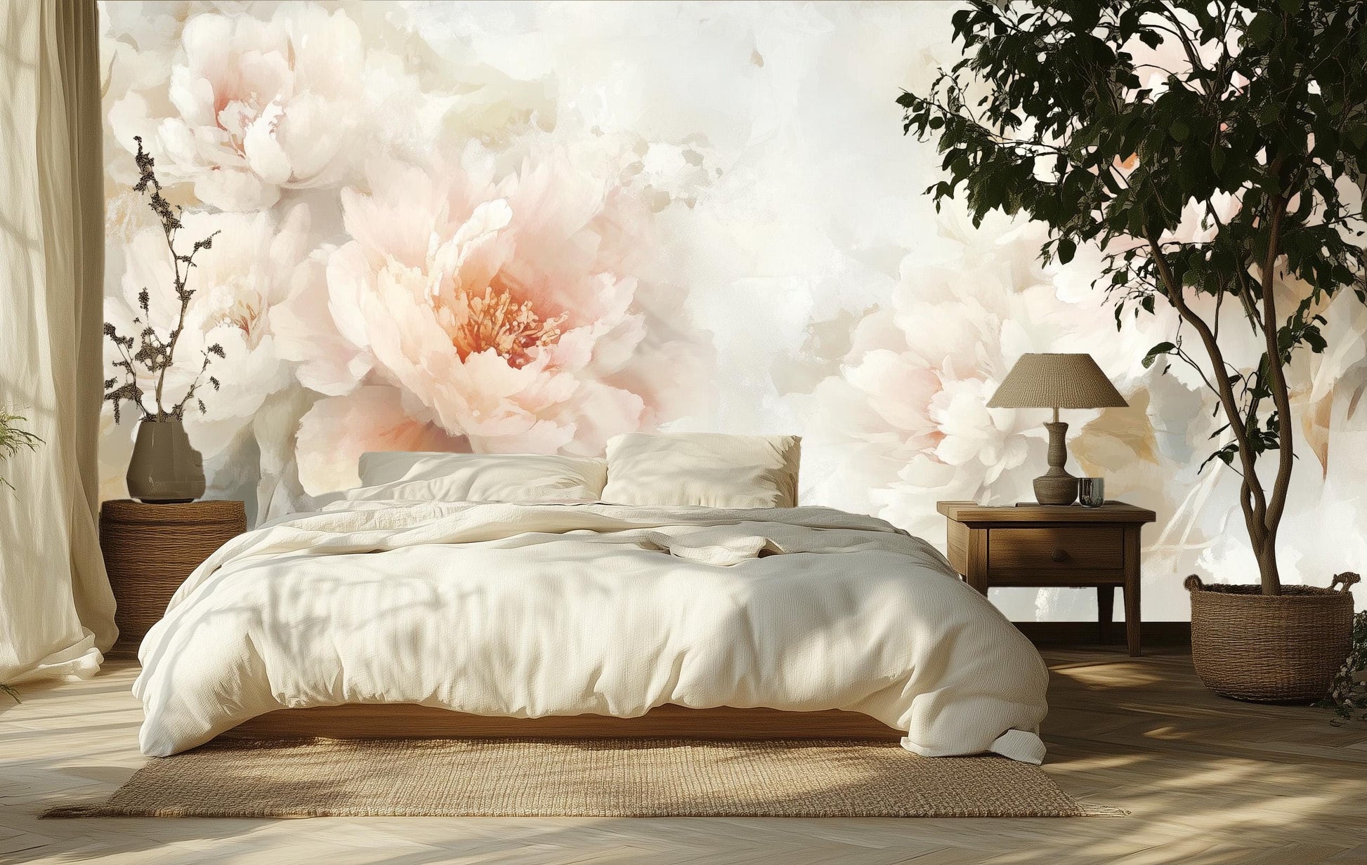 Watercolor Blush Peony Floral Floral Wallpaper – peel and stick wallpaper mural, Golden Era Walls