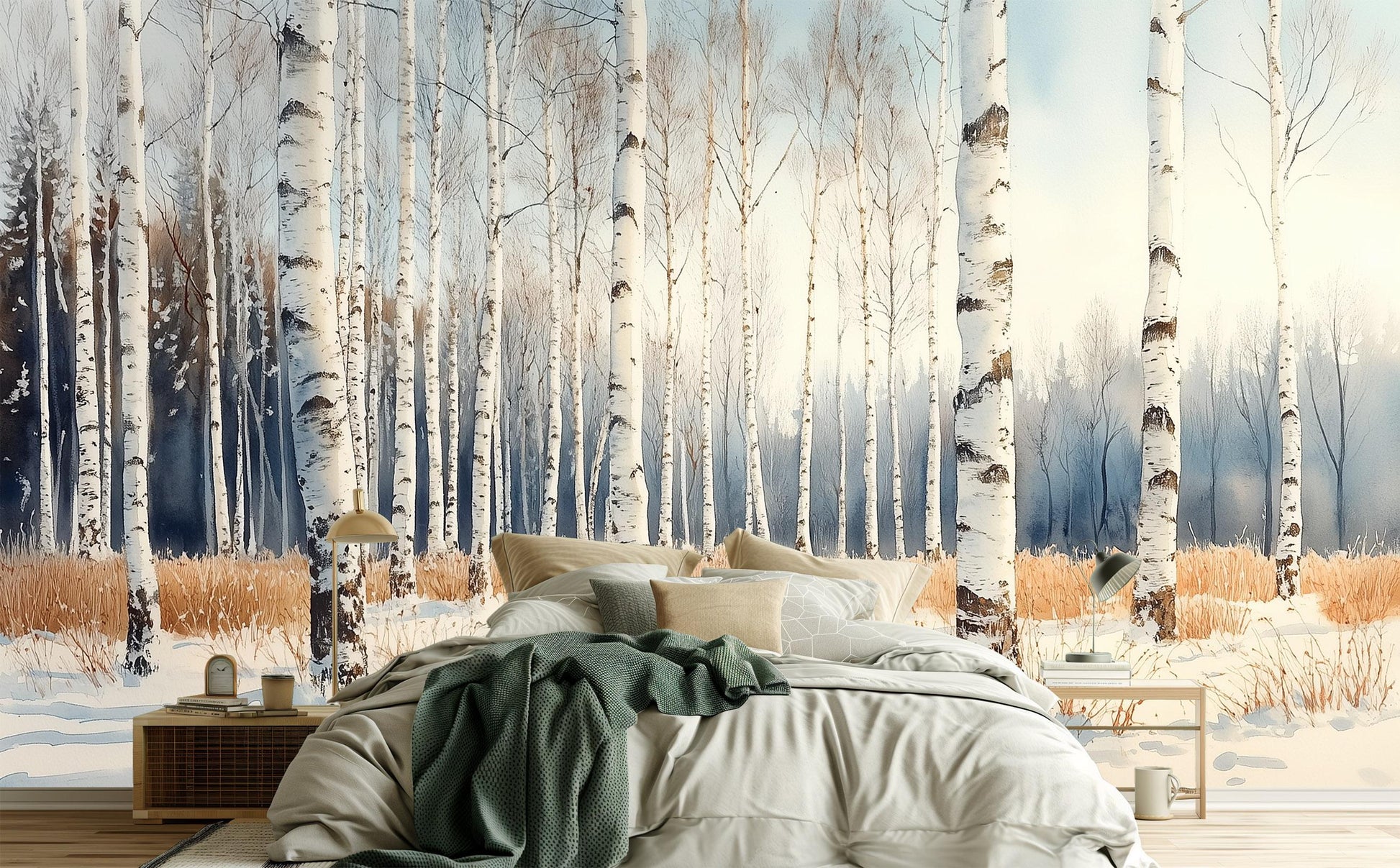 Winter Birch Forest Renter Coastal Wallpaper – peel and stick wallpaper mural, Golden Era Walls