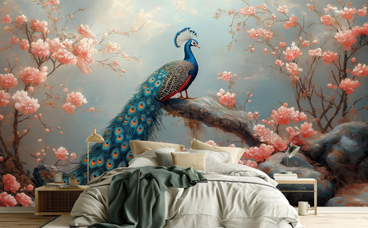 Elegant Peacock Cherry Blossom Floral Wallpaper – peel and stick wallpaper mural, Golden Era Walls
