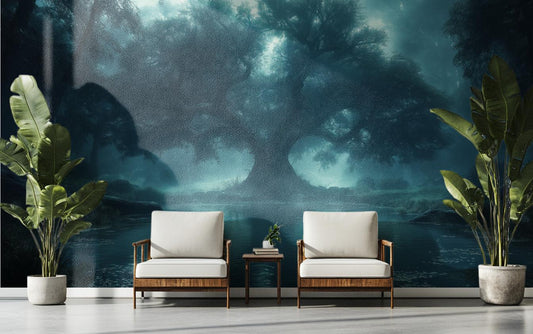 Mystical Enchanted Forest Art Wallpaper – room setting, Golden Era Walls