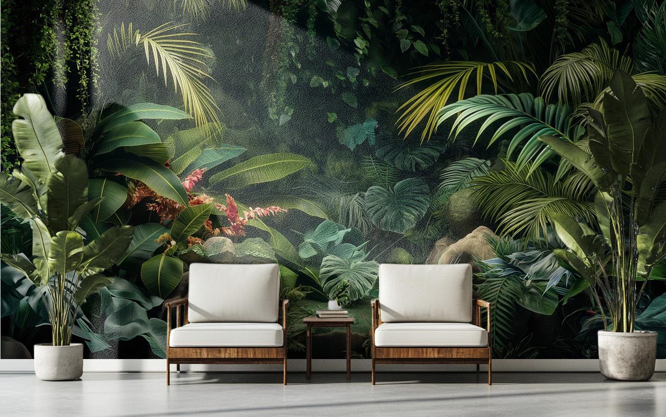 Dark Tropical Jungle Lush Tropical Wallpaper – scale reference, Golden Era Walls