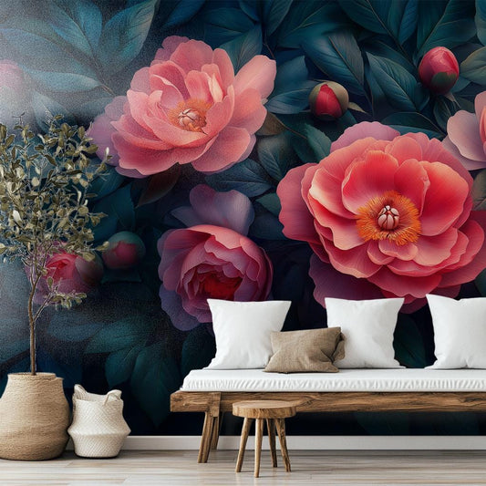 Dark Floral Peony Renter Floral Wallpaper – room setting, Golden Era Walls