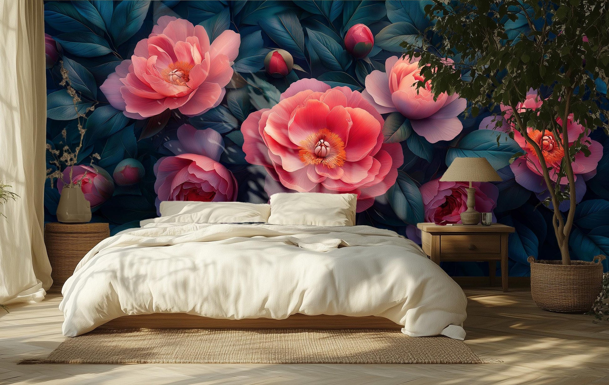 Dark Floral Peony Renter Floral Wallpaper – scale reference, Golden Era Walls