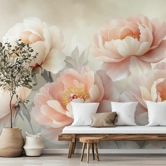Blush Peony Floral Renter Floral Wallpaper – room setting, Golden Era Walls