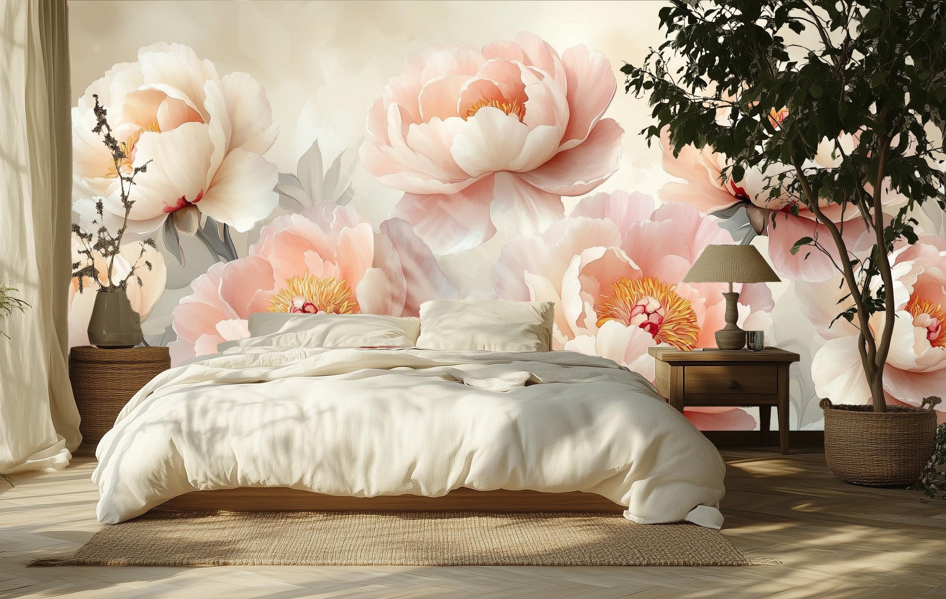 Blush Peony Floral Renter Floral Wallpaper – scale reference, Golden Era Walls
