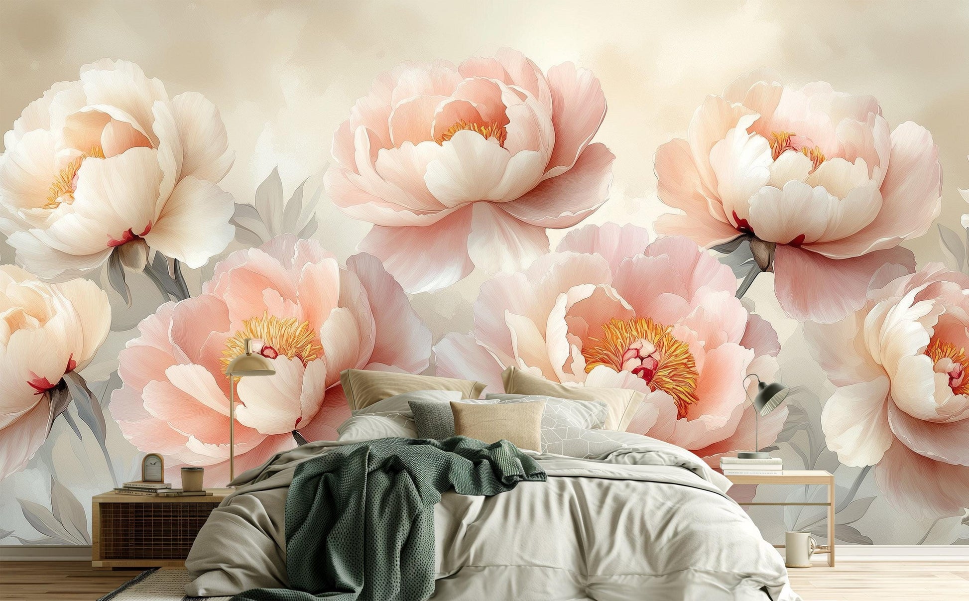 Blush Peony Floral Renter Floral Wallpaper – lifestyle view, Golden Era Walls