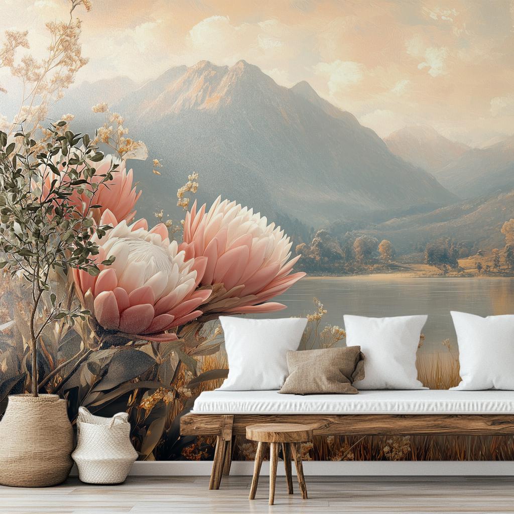 Botanical Landscape Hand Painted Floral Wallpaper – detail view, Golden Era Walls