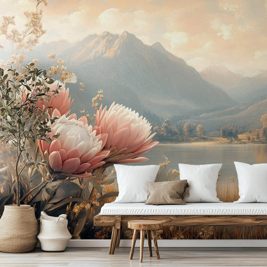 Botanical Landscape Hand Painted Floral Wallpaper – detail view, Golden Era Walls