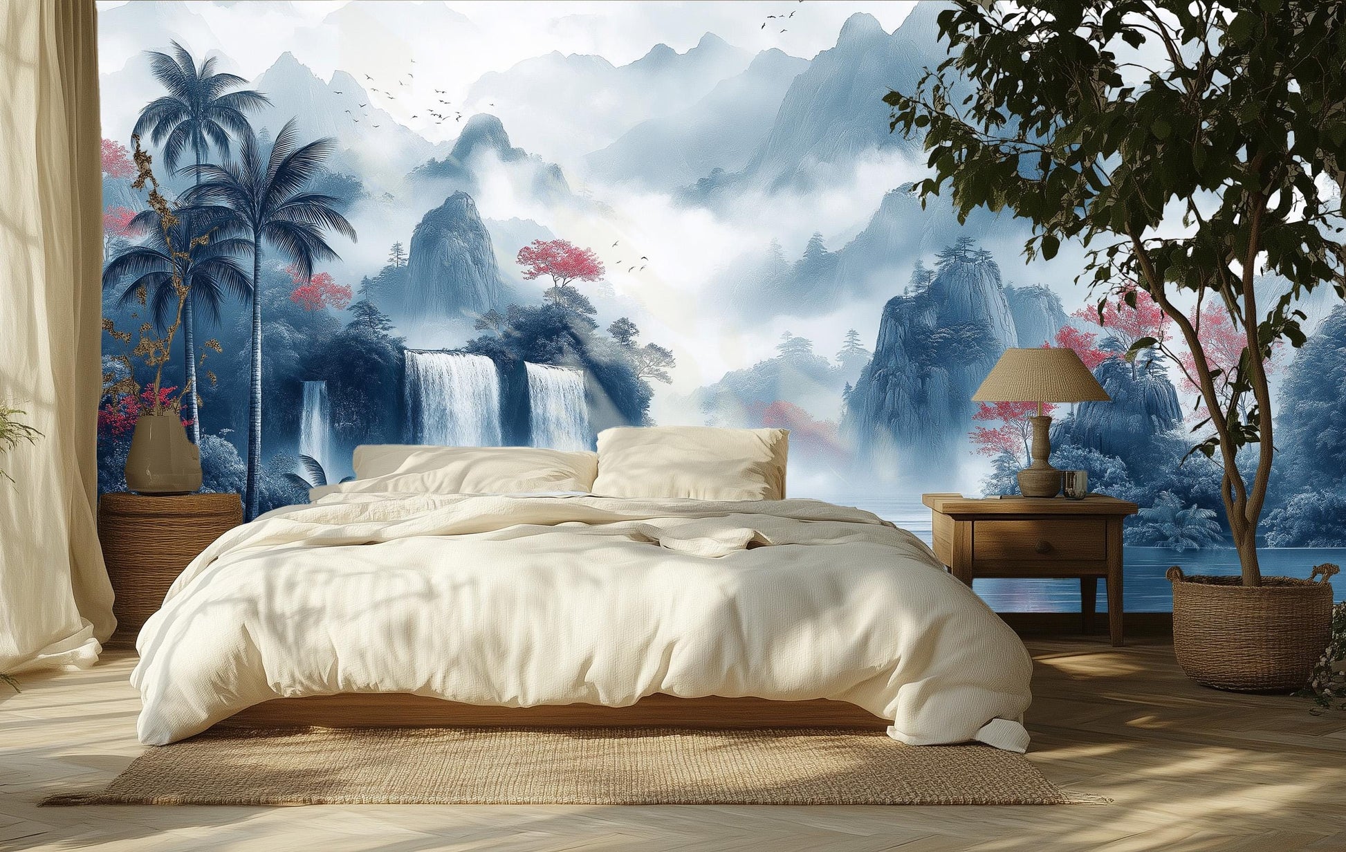 Chinoiserie Landscape Misty Mountains Floral Wallpaper – scale reference, Golden Era Walls