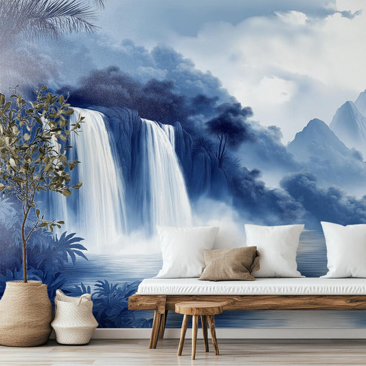 Chinoiserie Tropical Waterfall Blue Tropical Wallpaper – lifestyle view, Golden Era Walls