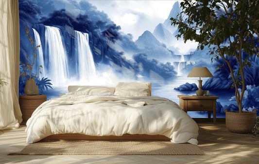 Chinoiserie Tropical Waterfall Blue Tropical Wallpaper – room setting, Golden Era Walls