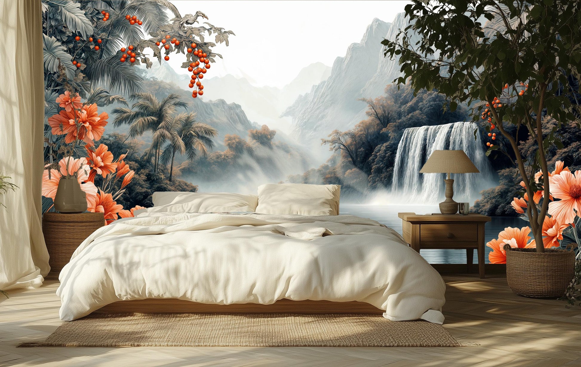 Chinoiserie Waterfall Elegant Tropical Tropical Wallpap – scale reference, Golden Era Walls