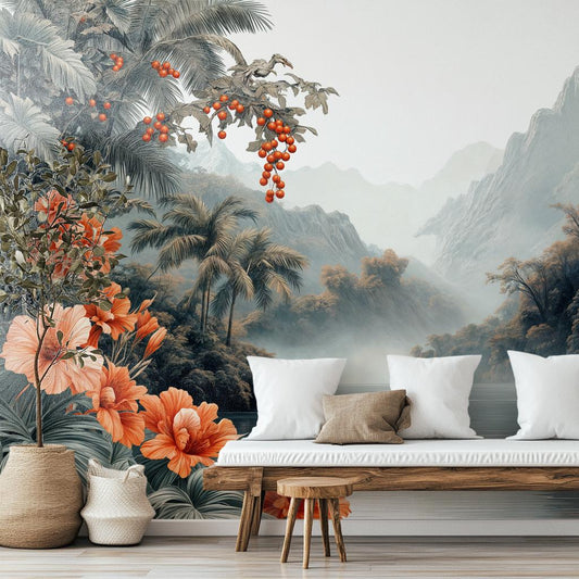 Chinoiserie Waterfall Elegant Tropical Tropical Wallpap – room setting, Golden Era Walls