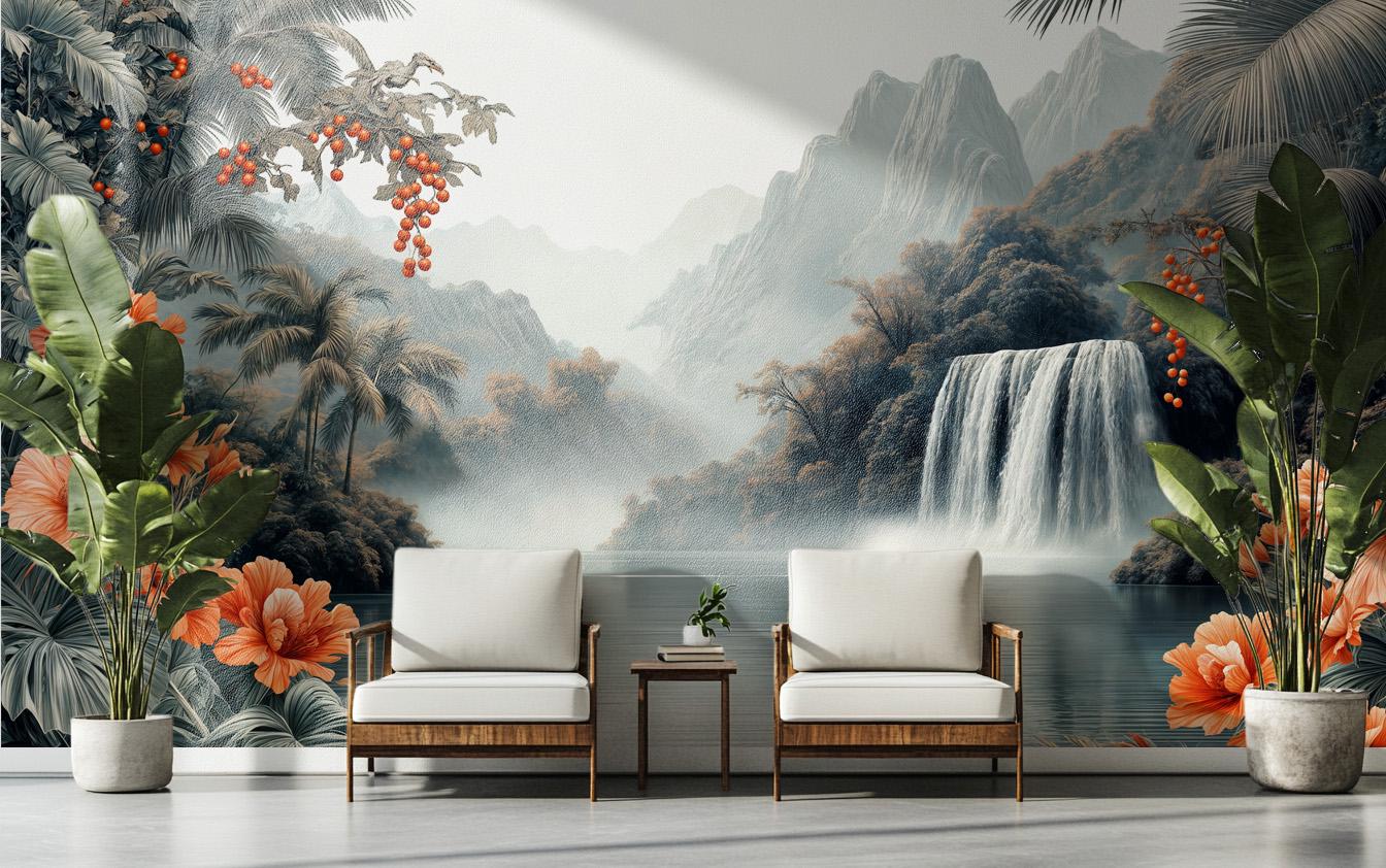 Chinoiserie Waterfall Elegant Tropical Tropical Wallpap – lifestyle view, Golden Era Walls