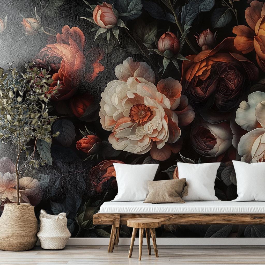 Dark Moody Floral Vintage Floral Wallpaper – room setting, Golden Era Walls